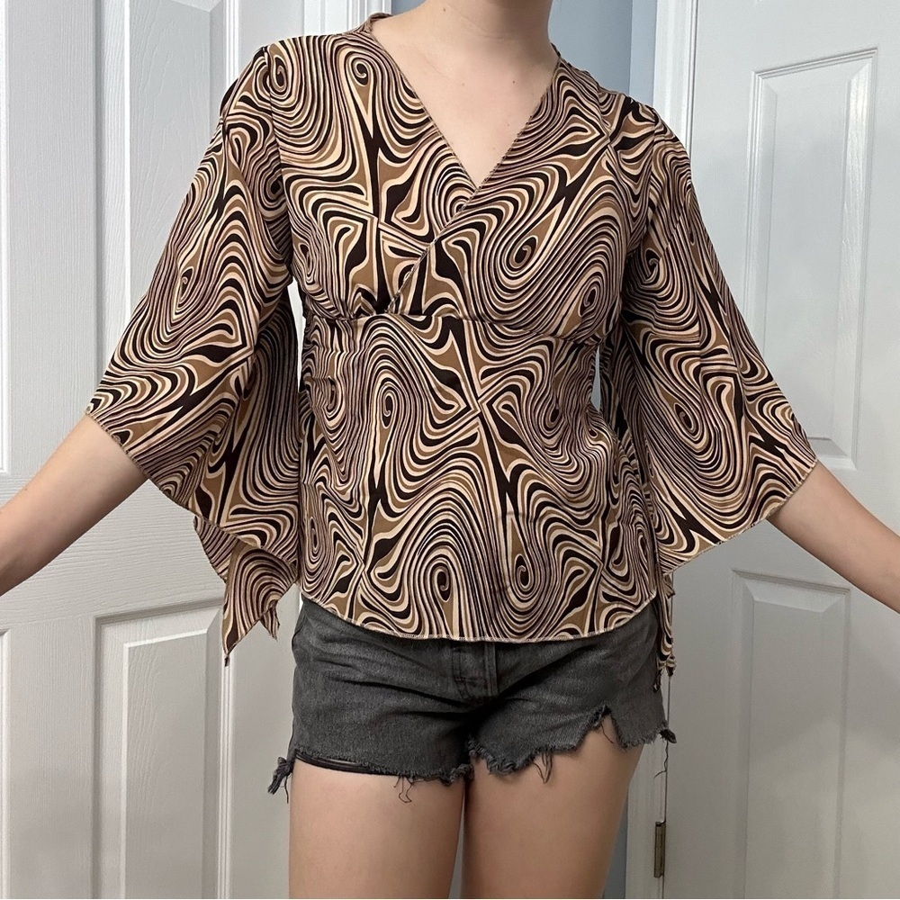 Y2K Blouse Flare Sleeve Hippie Boho Striped Abstract Fairy Casual Size Medium